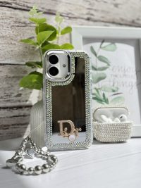 قاب Dior آینه ای دور نگین با آویز قلبی پاپیونی